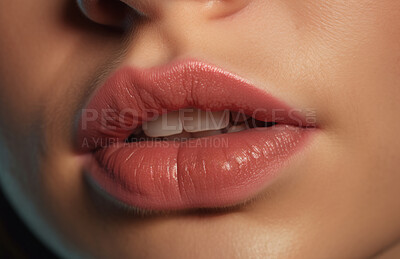 Woman, lips and cosmetics closeup of a female mouth for beauty, plastic surgery and treatment. Full, beautiful and texture of natural model with filler for makeup, nude lipstick shade and cosmetology