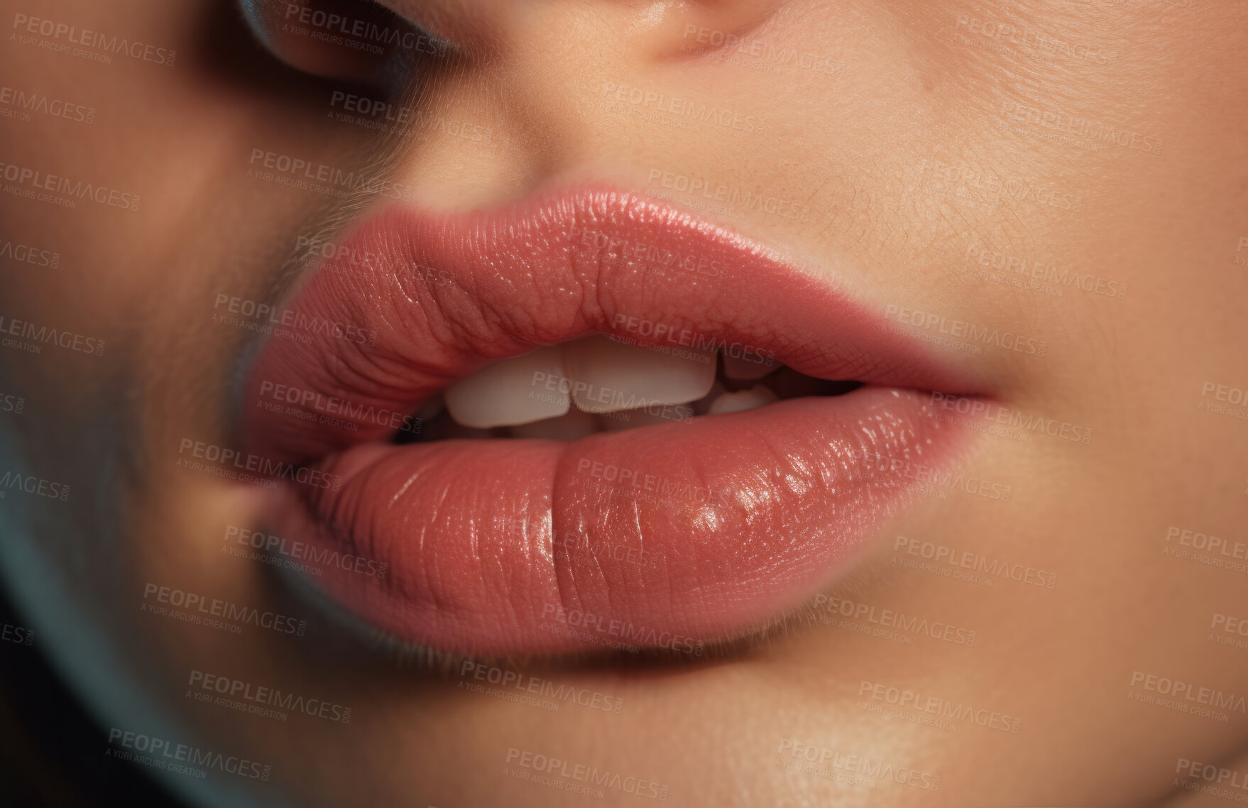 Buy stock photo Woman, lips and cosmetics closeup of a female mouth for beauty, plastic surgery and treatment. Full, beautiful and texture of natural model with filler for makeup, nude lipstick shade and cosmetology