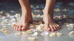 Woman, feet and beauty therapy closeup of female pedicure for salon, skincare and wellness. Clean, natural and fresh nails mockup for body care, relax and healthy lifestyle in a spa background