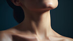 Woman, beauty and neck closeup portrait of a female collarbone for plastic surgery, treatment and anti-aging product. Youth, natural and studio shot of person body for healthy skincare and cosmetics