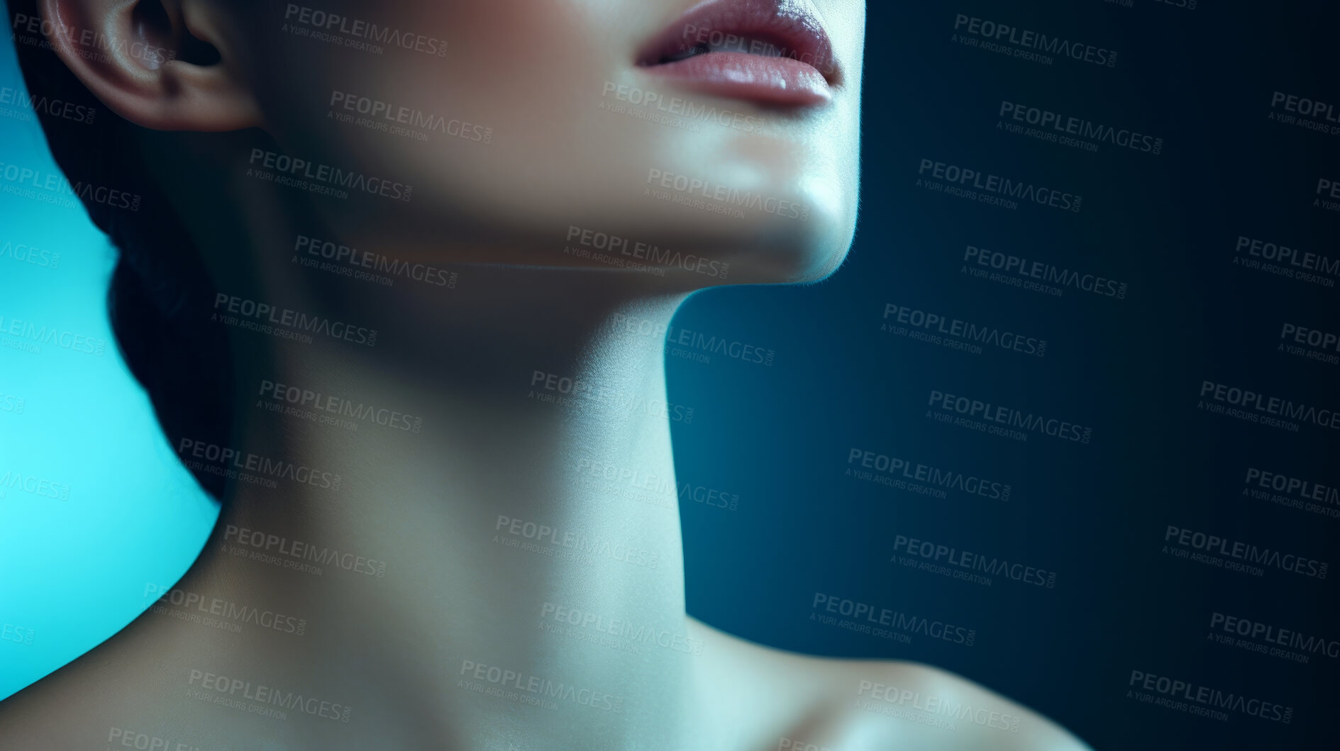 Buy stock photo Woman, beauty and neck closeup portrait of a female collarbone for plastic surgery, treatment and anti-aging product. Youth, natural and studio shot of person body for healthy skincare and cosmetics