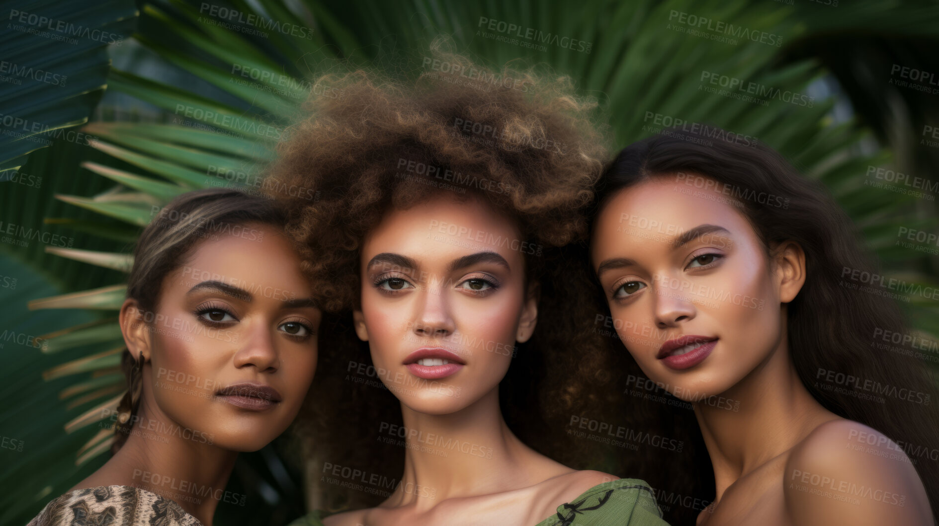 Buy stock photo Young, female and diverse portrait of a group of women or youth for skincare, health and cosmetics. Beautiful, confident and attractive people with glow for organic, eco friendly and sustainability