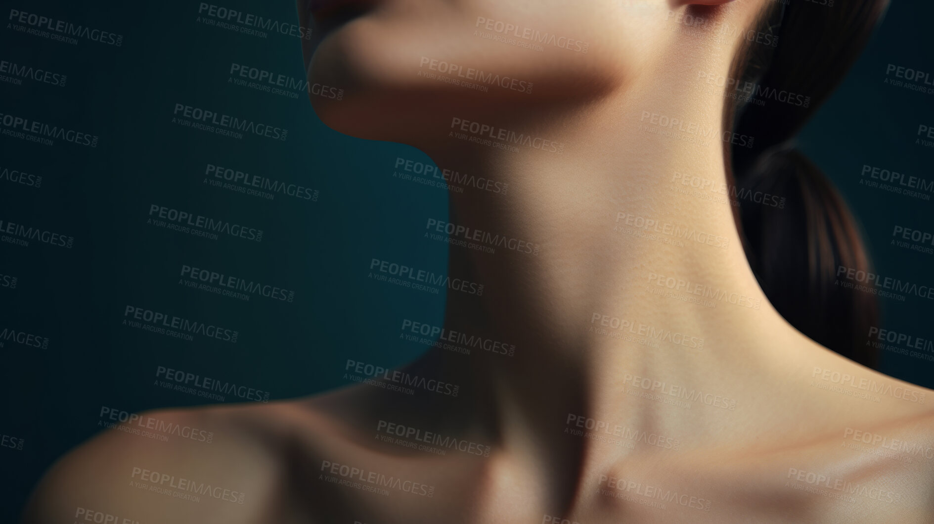 Buy stock photo Woman, beauty and neck closeup portrait of a female collarbone for plastic surgery, treatment and anti-aging product. Youth, natural and studio shot of person body for healthy skincare and cosmetics