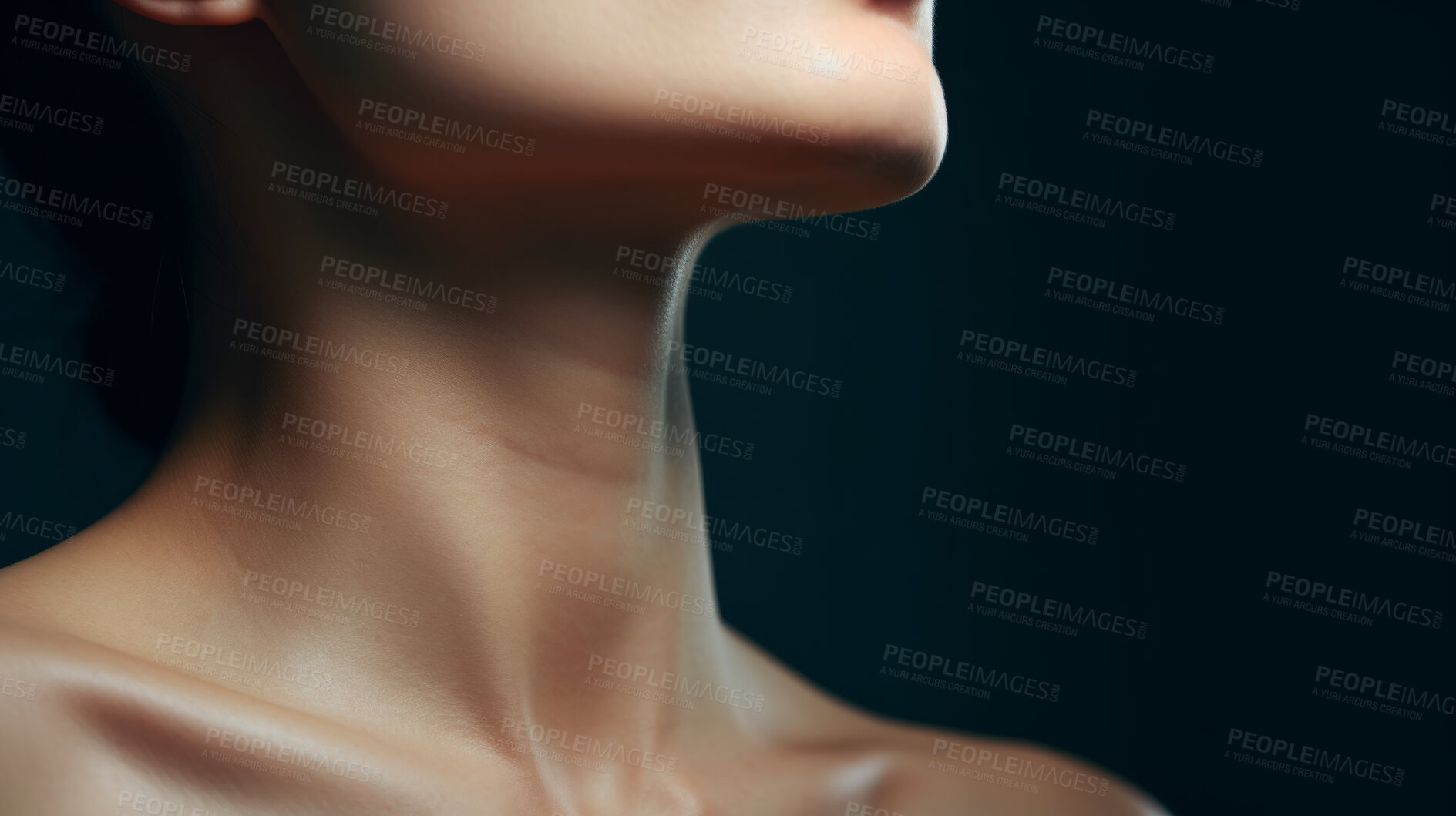 Buy stock photo Woman, beauty and neck closeup portrait of a female collarbone for plastic surgery, treatment and anti-aging product. Youth, natural and studio shot of person body for healthy skincare and cosmetics