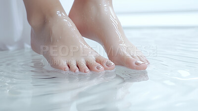 Woman, feet and beauty therapy closeup of female pedicure for salon, skincare and wellness. Clean, natural and fresh nails mockup for body care, relax and healthy lifestyle in a spa background