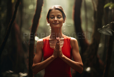 Woman, meditation and practise in nature garden for mindfulness, spirituality and relax practise worship. Lotus position, deep breathing and religion for mental health, zen and stress free lifestyle