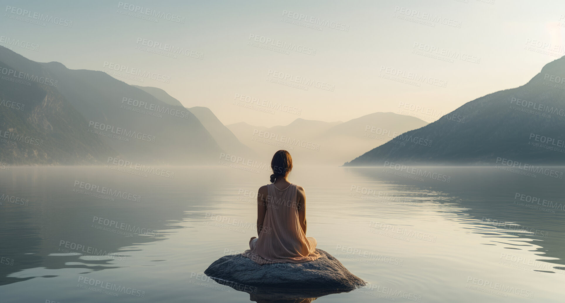 Buy stock photo Meditation, landscape and woman sitting on a rock at a lake for mindfulness and relax spirituality. Peaceful, stress free and focus in nature with view for mental health, zen and meditating practise