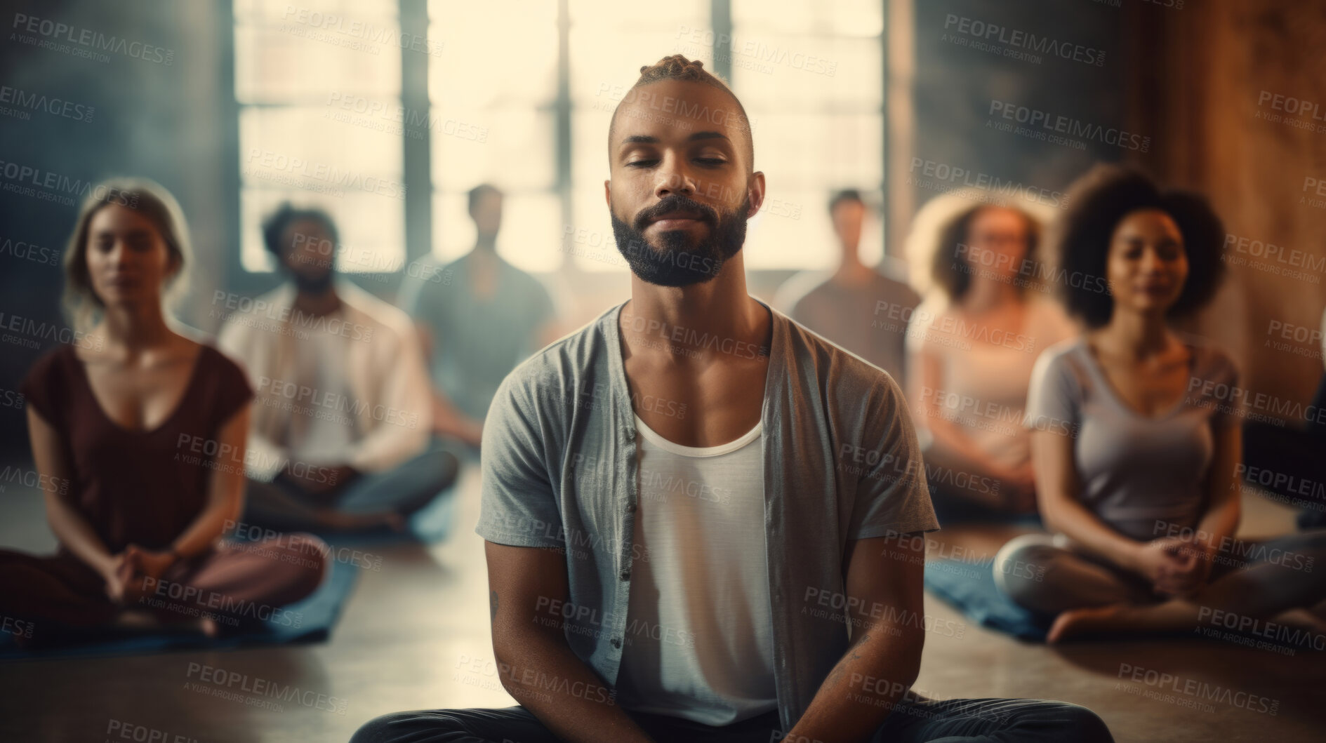 Buy stock photo Group, diverse and meditation in a studio for mindfulness practise and lotus spirituality. Calm people, deep breathing or religion for mental health, zen, and stress free lifestyle for burnout relief