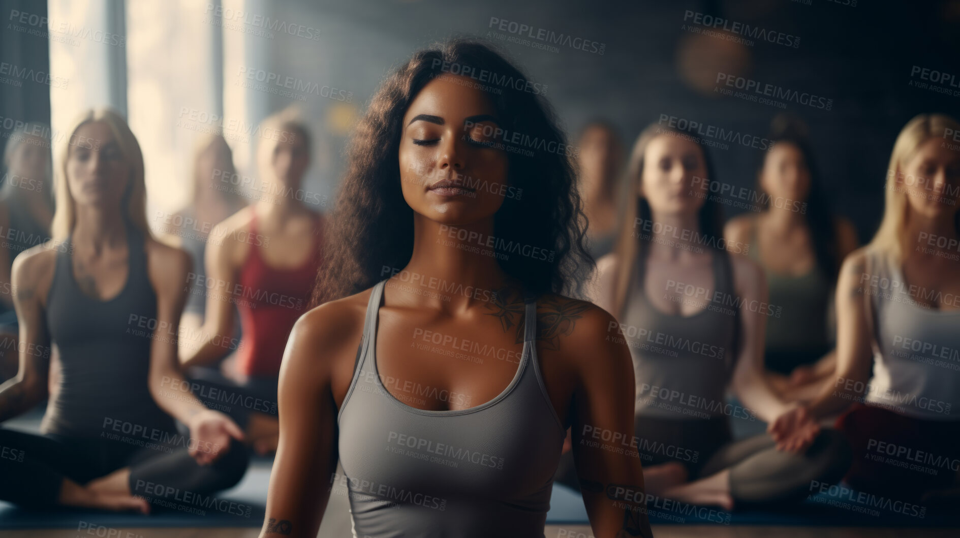 Buy stock photo Group, diverse and meditation in a studio for mindfulness practise and lotus spirituality. Calm people, deep breathing or religion for mental health, zen, and stress free lifestyle for burnout relief