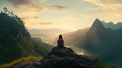 Meditation, landscape and woman sitting on mountain top for mindfulness and relax spirituality. Peaceful, stress free and focus in nature with view for mental health, zen and meditating practise