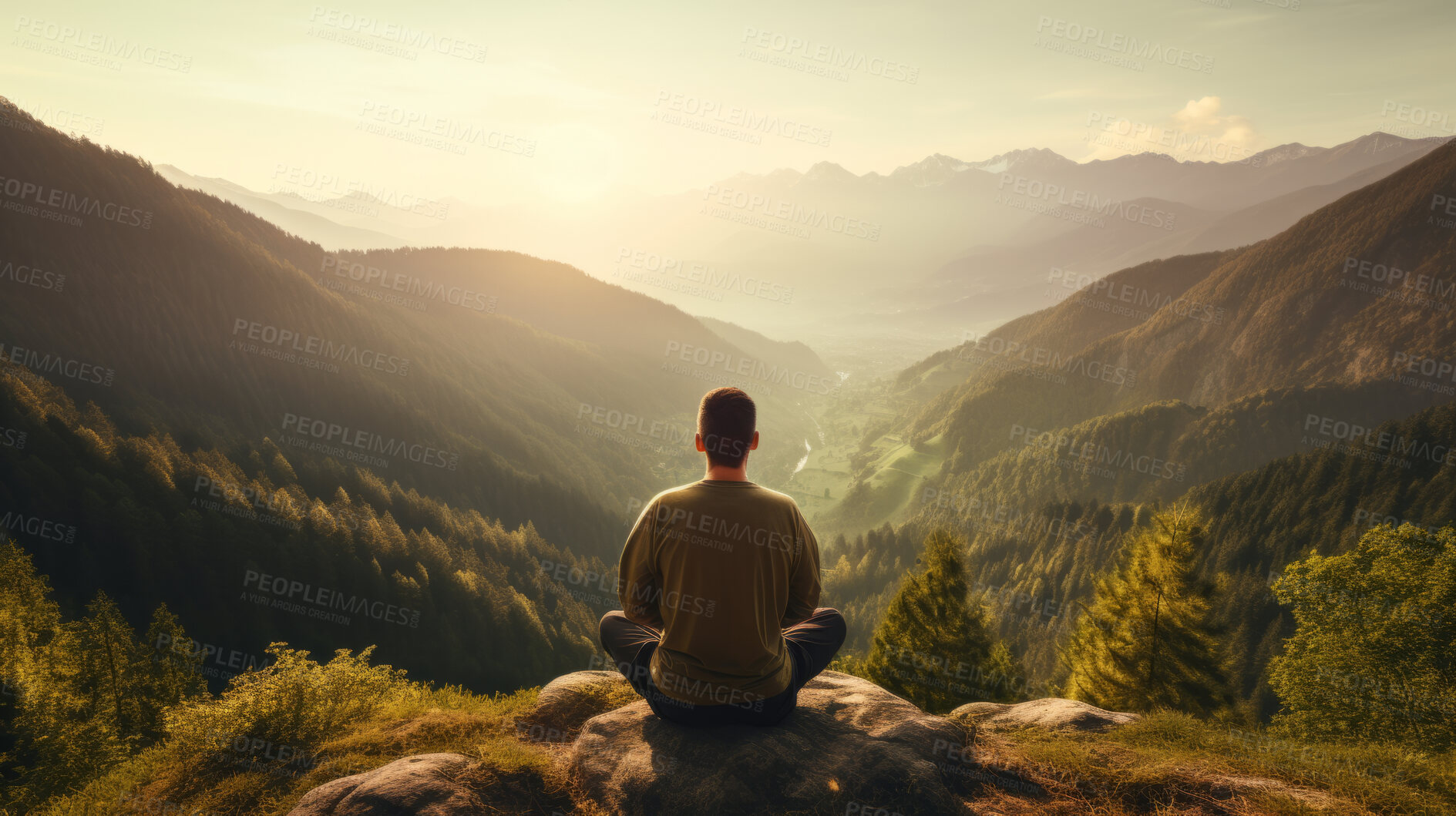 Buy stock photo Meditation, landscape and man sitting on mountain top for mindfulness and relax spirituality. Peaceful, stress free and focus in nature with view, for mental health, zen and meditating lotus practise