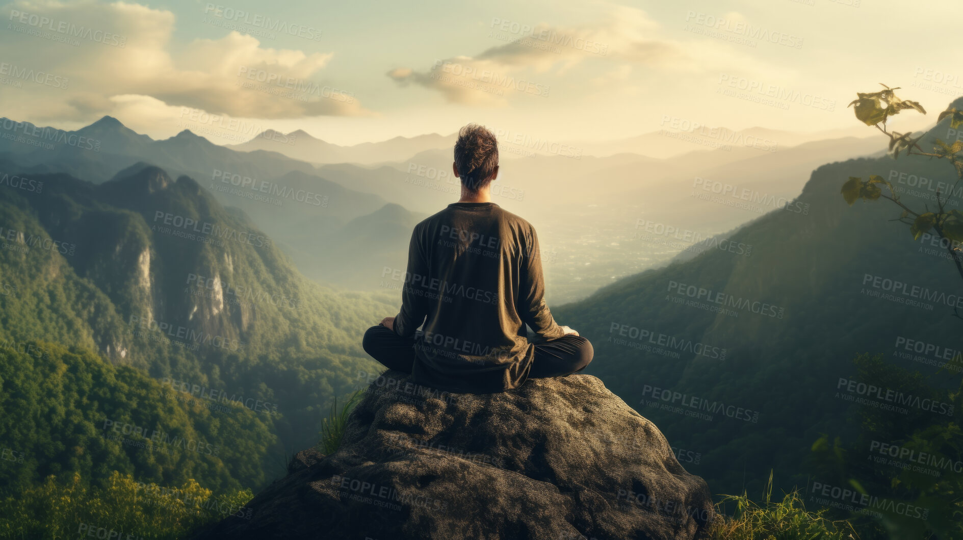 Buy stock photo Meditation, landscape and man sitting on mountain top for mindfulness and relax spirituality. Peaceful, stress free and focus in nature with view, for mental health, zen and meditating lotus practise