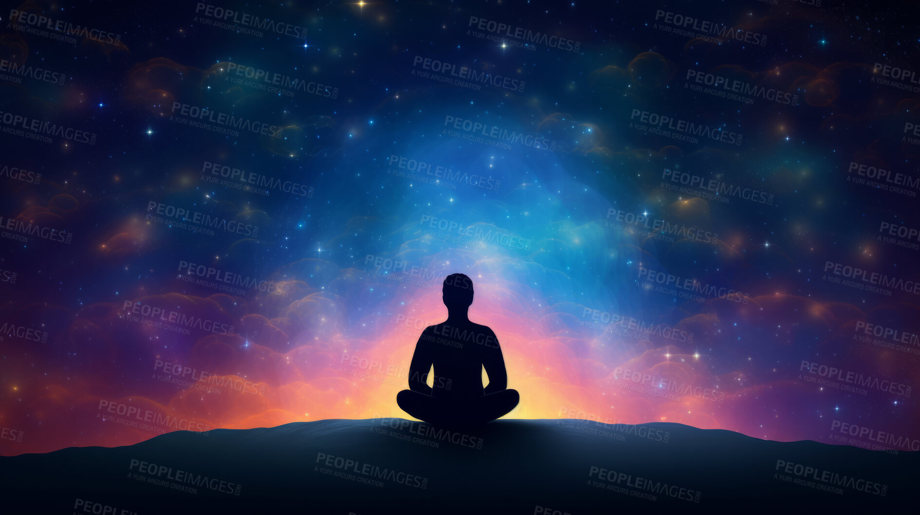 Buy stock photo Silhouette, energy and meditation on colorful background or wallpaper for mindfulness and spirituality chakra. Enlightenment, peaceful and religion practise for mental health, zen and stress free