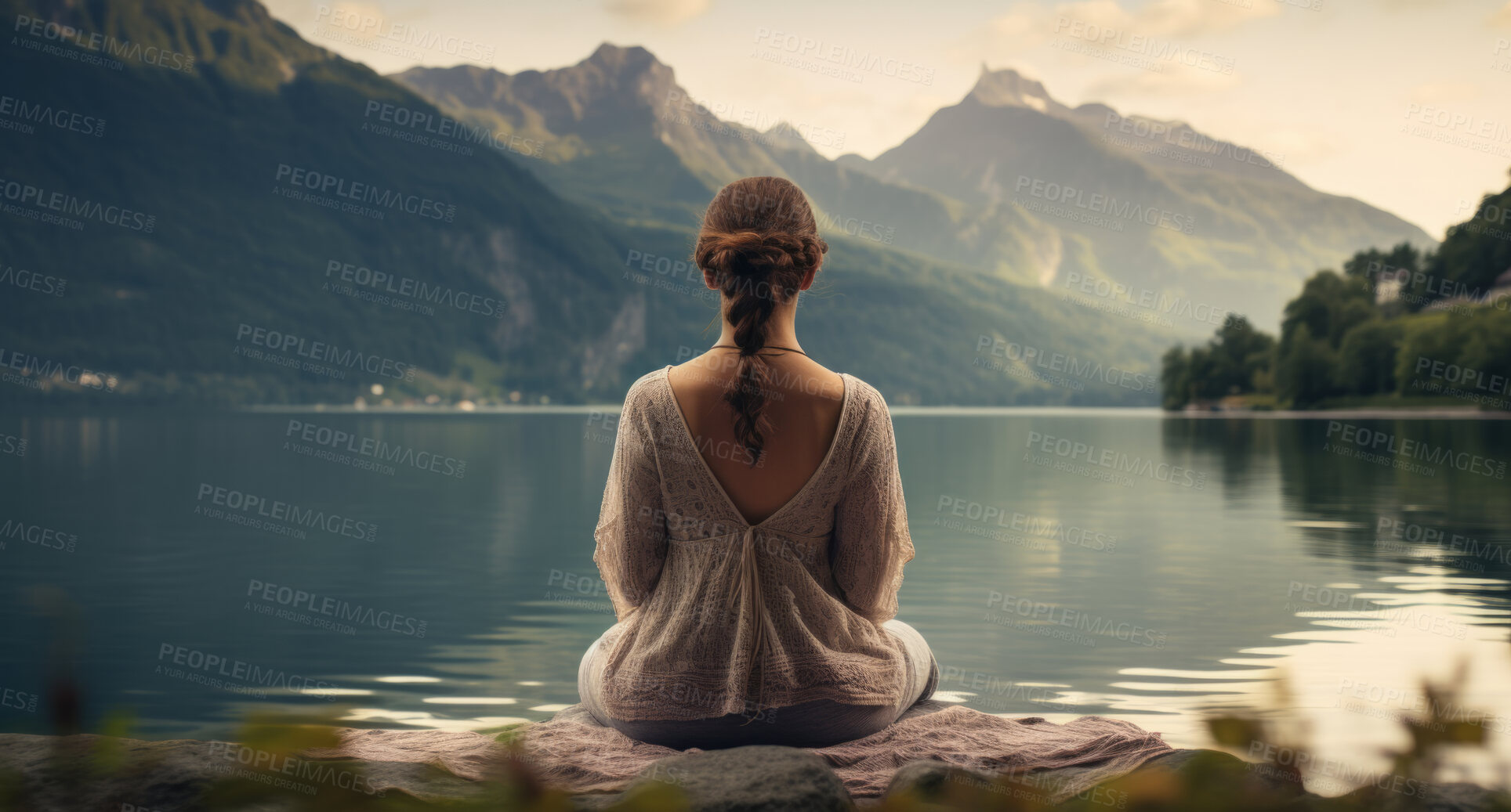 Buy stock photo Meditation, landscape and woman sitting on a rock at a lake for mindfulness and relax spirituality. Peaceful, stress free and focus in nature with view for mental health, zen and meditating practise