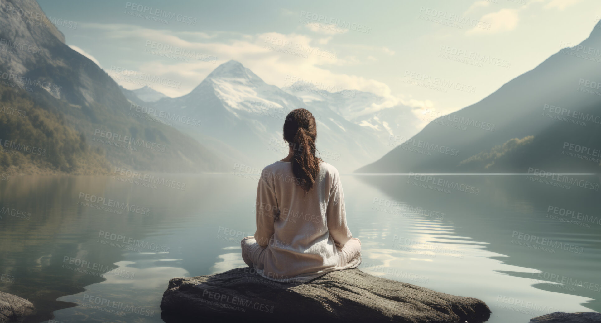 Buy stock photo Meditation, landscape and woman sitting on a rock at a lake for mindfulness and relax spirituality. Peaceful, stress free and focus in nature with view for mental health, zen and meditating practise