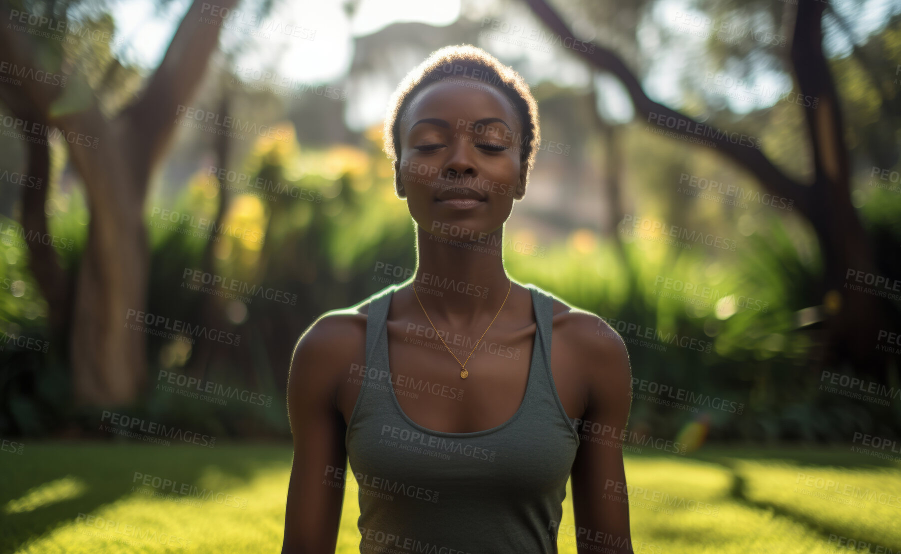 Buy stock photo Woman, meditation and practise in nature garden for mindfulness, spirituality and relax practise worship. Lotus position, deep breathing and religion for mental health, zen and stress free lifestyle