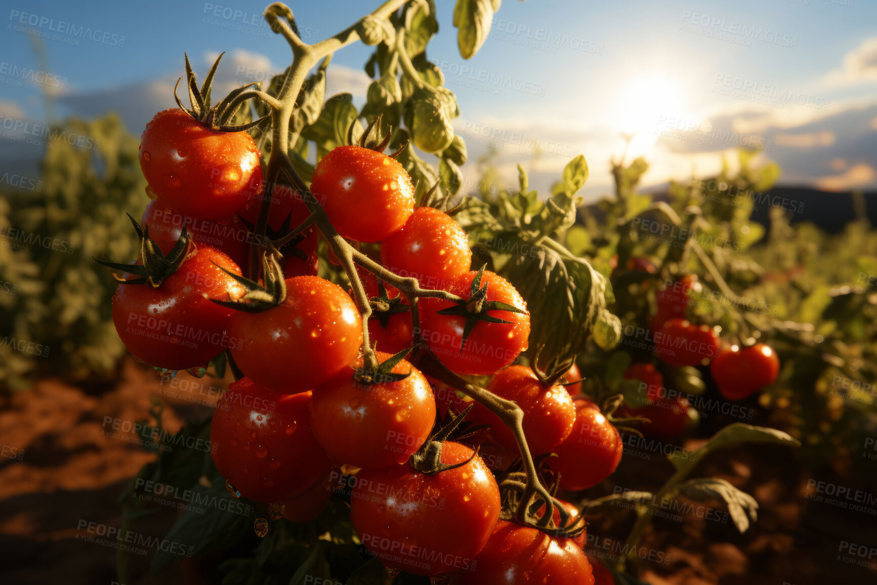 Buy stock photo Closeup, tomatoes and plant with farm background, growth and sunshine. Fruit agriculture, outdoor and summer in countryside, food and vegetables in sustainability, development or landscape industry