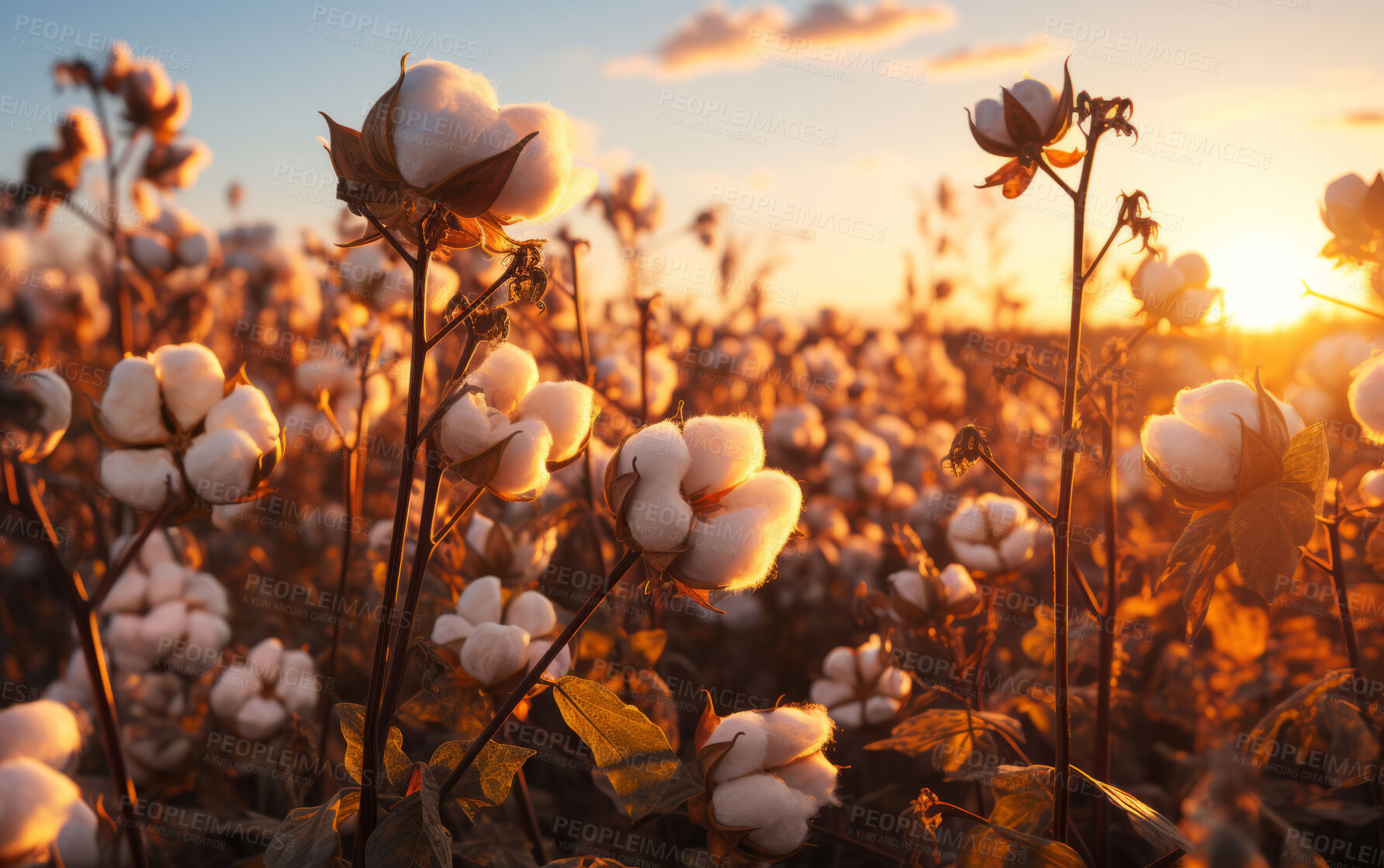 Buy stock photo Closeup, cotton field and sunsets in nature with sky background. Agriculture, outdoor and summer in countryside, farming and growth with sustainability, development and landscape for industry