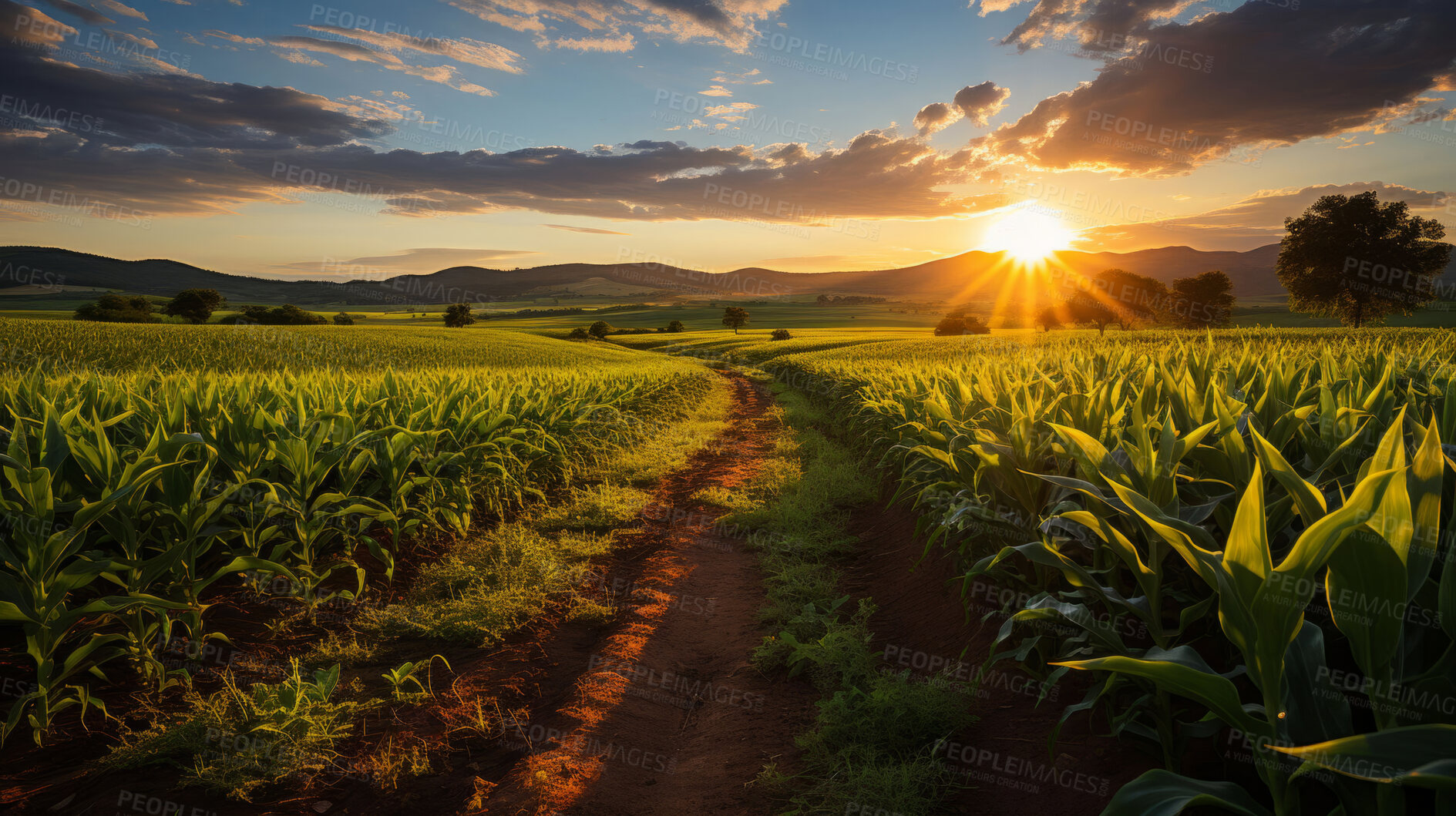 Buy stock photo Cornfield, farm and green pasture in nature with background, mockup space and sunshine. Agriculture, outdoor and summer in countryside, farm and growth with sustainability, development and landscape