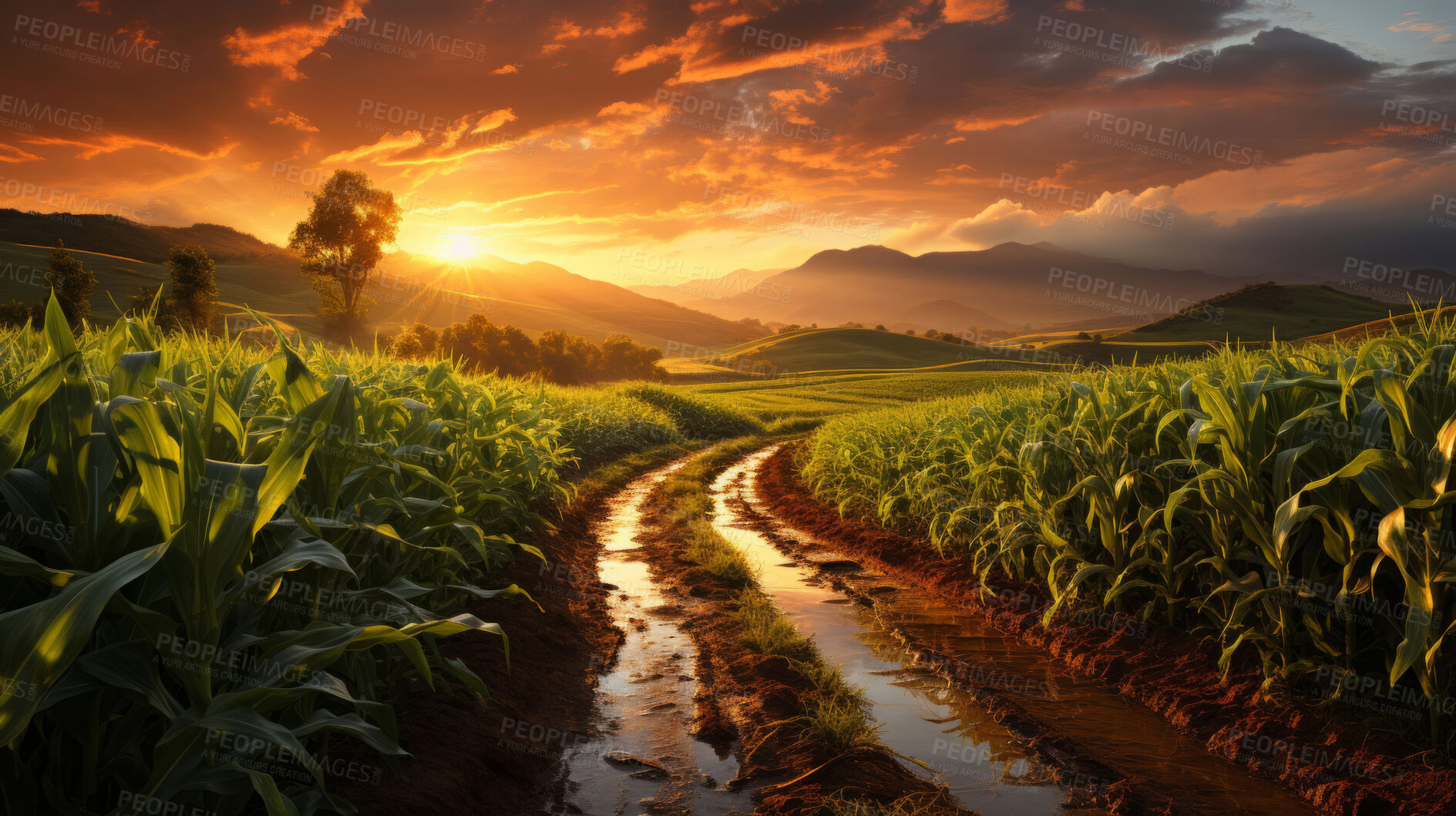 Buy stock photo Cornfield, farm and green pasture in nature with background, mockup space and sunshine. Agriculture, outdoor and summer in countryside, farm and growth with sustainability, development and landscape