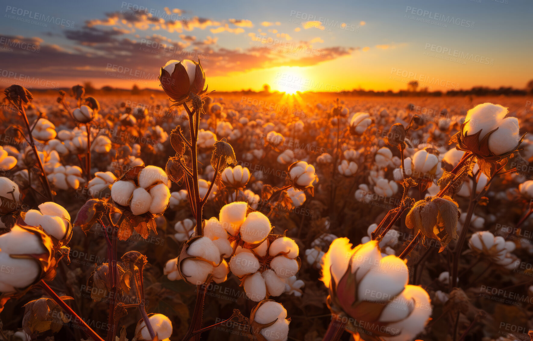 Buy stock photo Closeup, cotton field and sunsets in nature with sky background. Agriculture, outdoor and summer in countryside, farming and growth with sustainability, development and landscape for industry