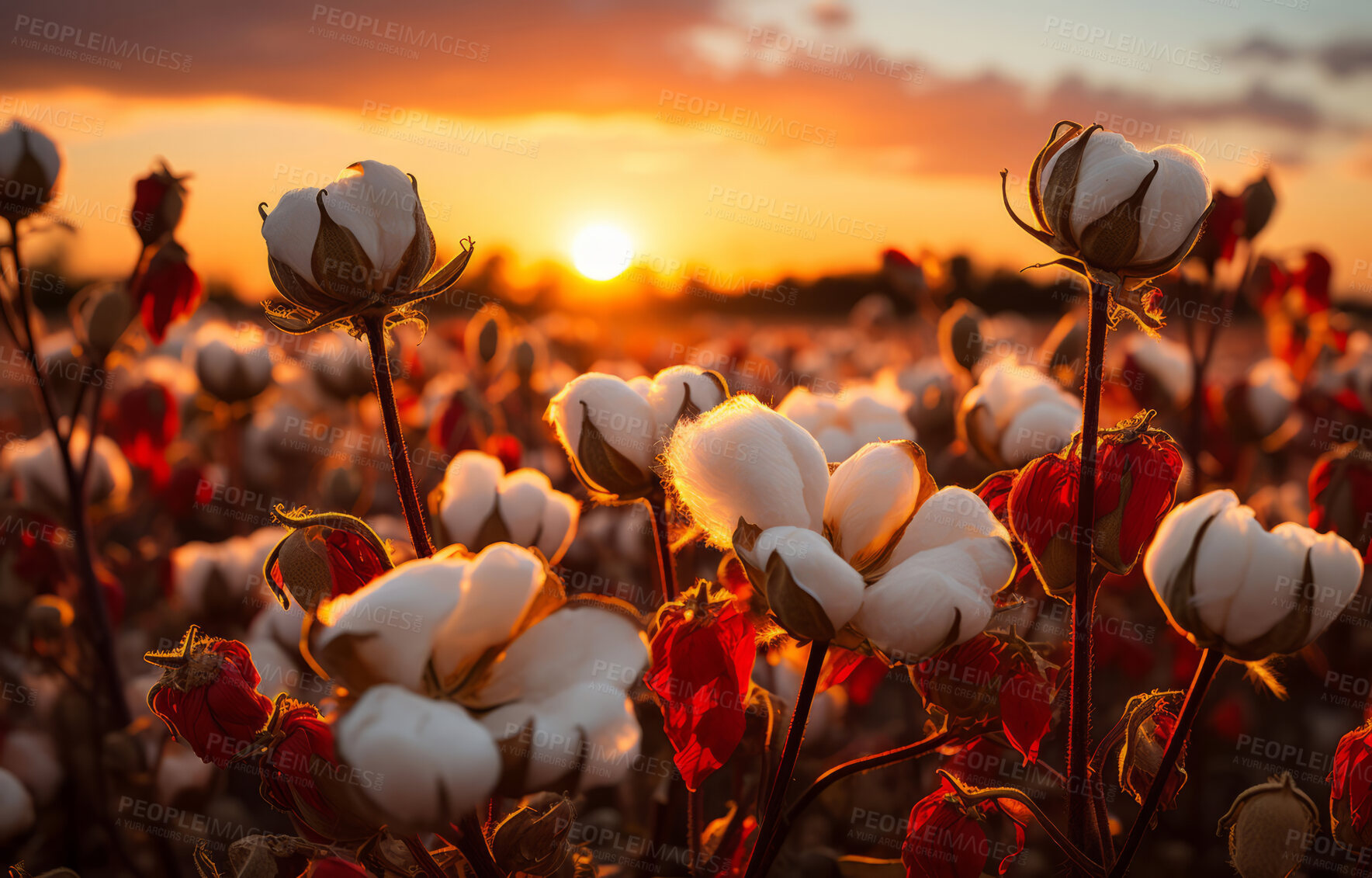 Buy stock photo Closeup, cotton field and sunsets in nature with sky background. Agriculture, outdoor and summer in countryside, farming and growth with sustainability, development and landscape for industry