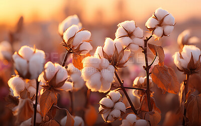 Closeup, cotton field and sunsets in nature with sky background. Agriculture, outdoor and summer in countryside, farming and growth with sustainability, development and landscape for industry