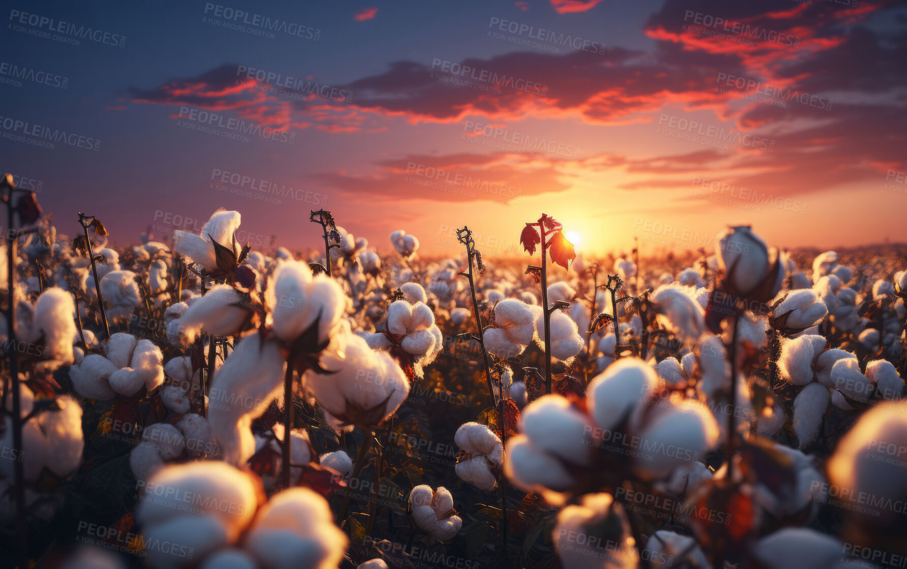 Buy stock photo Closeup, cotton field and sunsets in nature with sky background. Agriculture, outdoor and summer in countryside, farming and growth with sustainability, development and landscape for industry