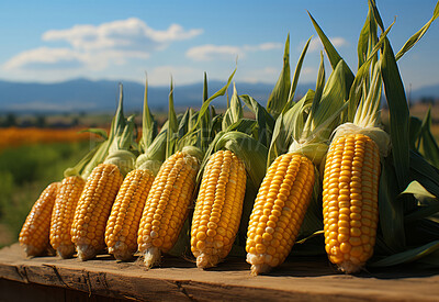 Closeup, corn and maize on table from farming, agriculture and environment harvest. Organic food, plantation and nutritious produce outdoors for service industry, agribusiness and sustainability
