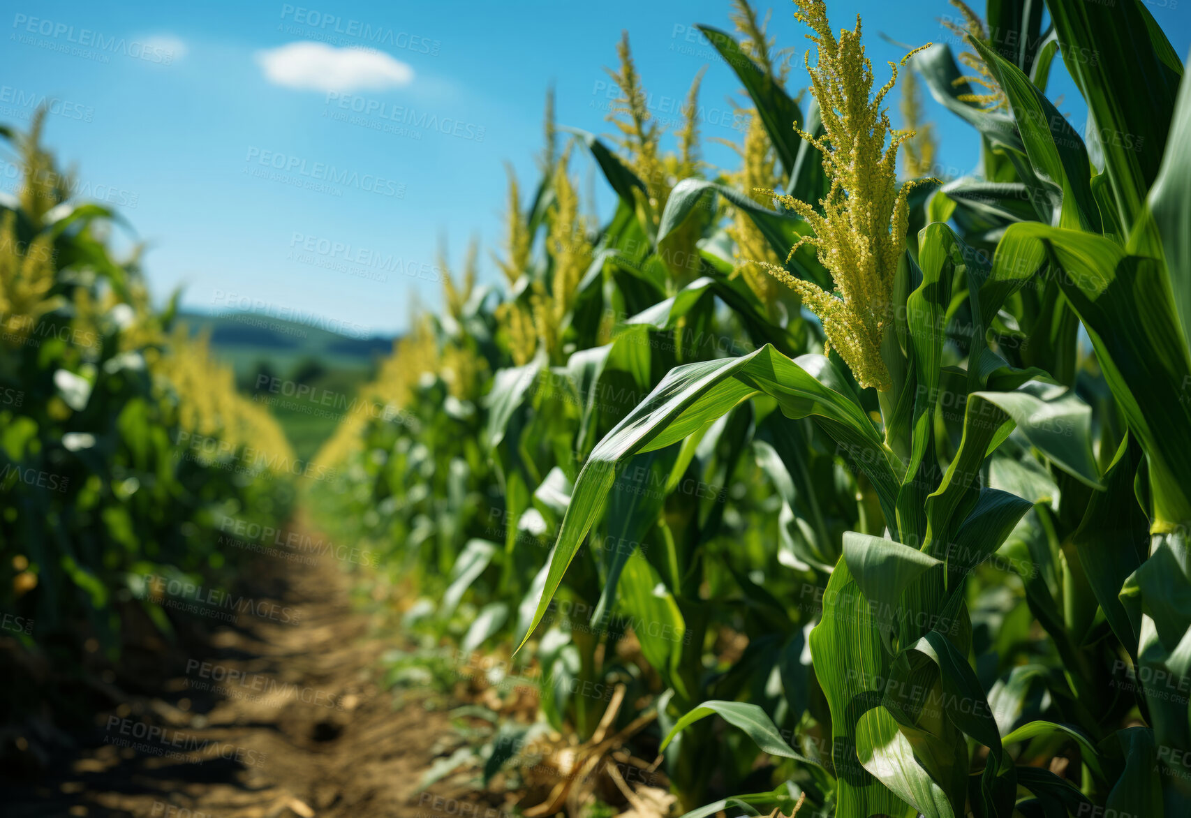 Buy stock photo Cornfield, farm and green pasture in nature with background, mockup space and sunshine. Agriculture, outdoor and summer in countryside, farm and growth with sustainability, development and landscape