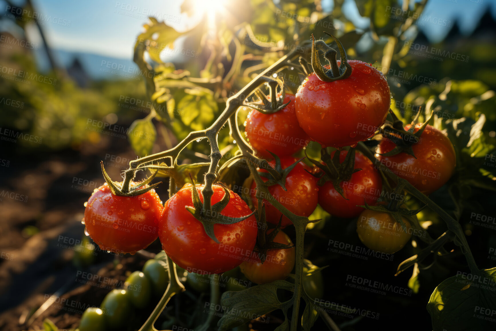 Buy stock photo Closeup, tomatoes and plant with farm background, growth and sunshine. Fruit agriculture, outdoor and summer in countryside, food and vegetables in sustainability, development or landscape industry