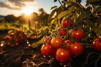 Closeup, tomatoes and plant with farm background, growth and sunshine. Fruit agriculture, outdoor and summer in countryside, food and vegetables in sustainability, development or landscape industry