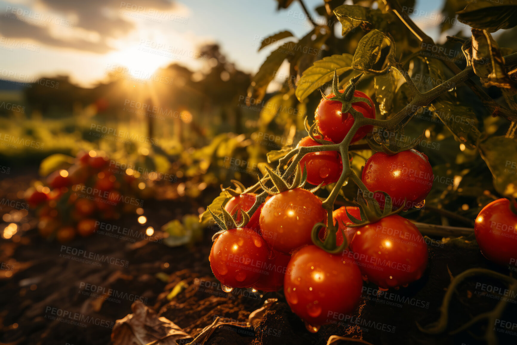 Buy stock photo Closeup, tomatoes and plant with farm background, growth and sunshine. Fruit agriculture, outdoor and summer in countryside, food and vegetables in sustainability, development or landscape industry