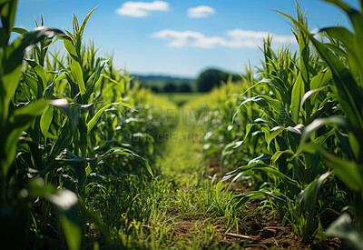 Cornfield, farm and green pasture in nature with background, mockup space and sunshine. Agriculture, outdoor and summer in countryside, farm and growth with sustainability, development and landscape