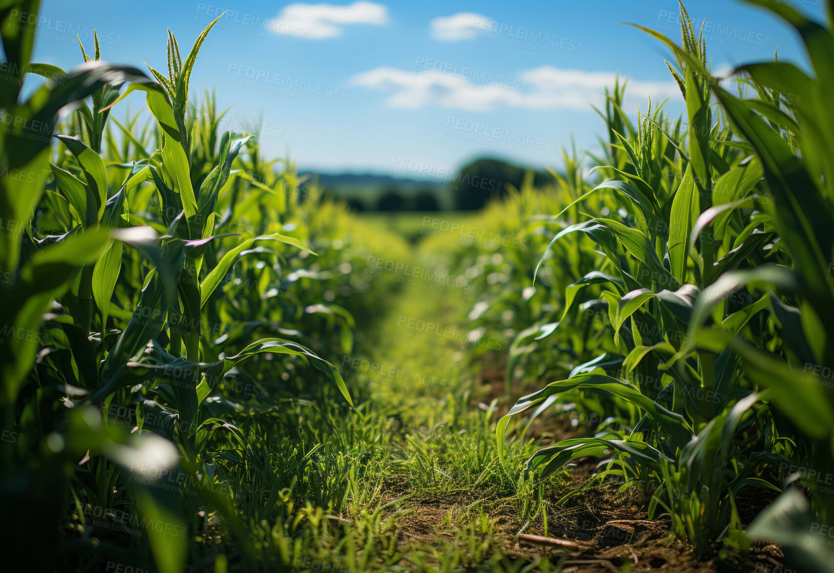 Buy stock photo Cornfield, farm and green pasture in nature with background, mockup space and sunshine. Agriculture, outdoor and summer in countryside, farm and growth with sustainability, development and landscape