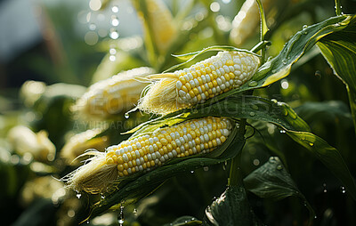Closeup, crop or corn cob in farm, agriculture or environment landscape with water drops. Farming, outdoor and summer grain in countryside growth for sustainability, development or landscape industry