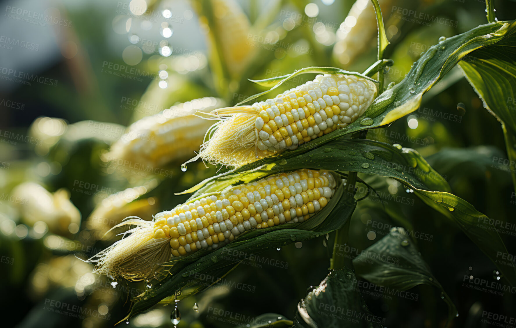 Buy stock photo Closeup, crop or corn cob in farm, agriculture or environment landscape with water drops. Farming, outdoor and summer grain in countryside growth for sustainability, development or landscape industry