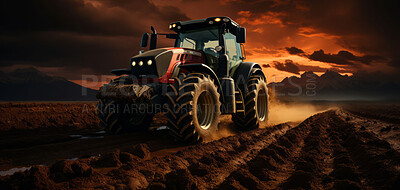 Tractor, farm and plow at sunset with agriculture, environment and sky. Rows, outdoor and summer sunrise in countryside fields, dirt and growth for sustainability, development and landscape industry