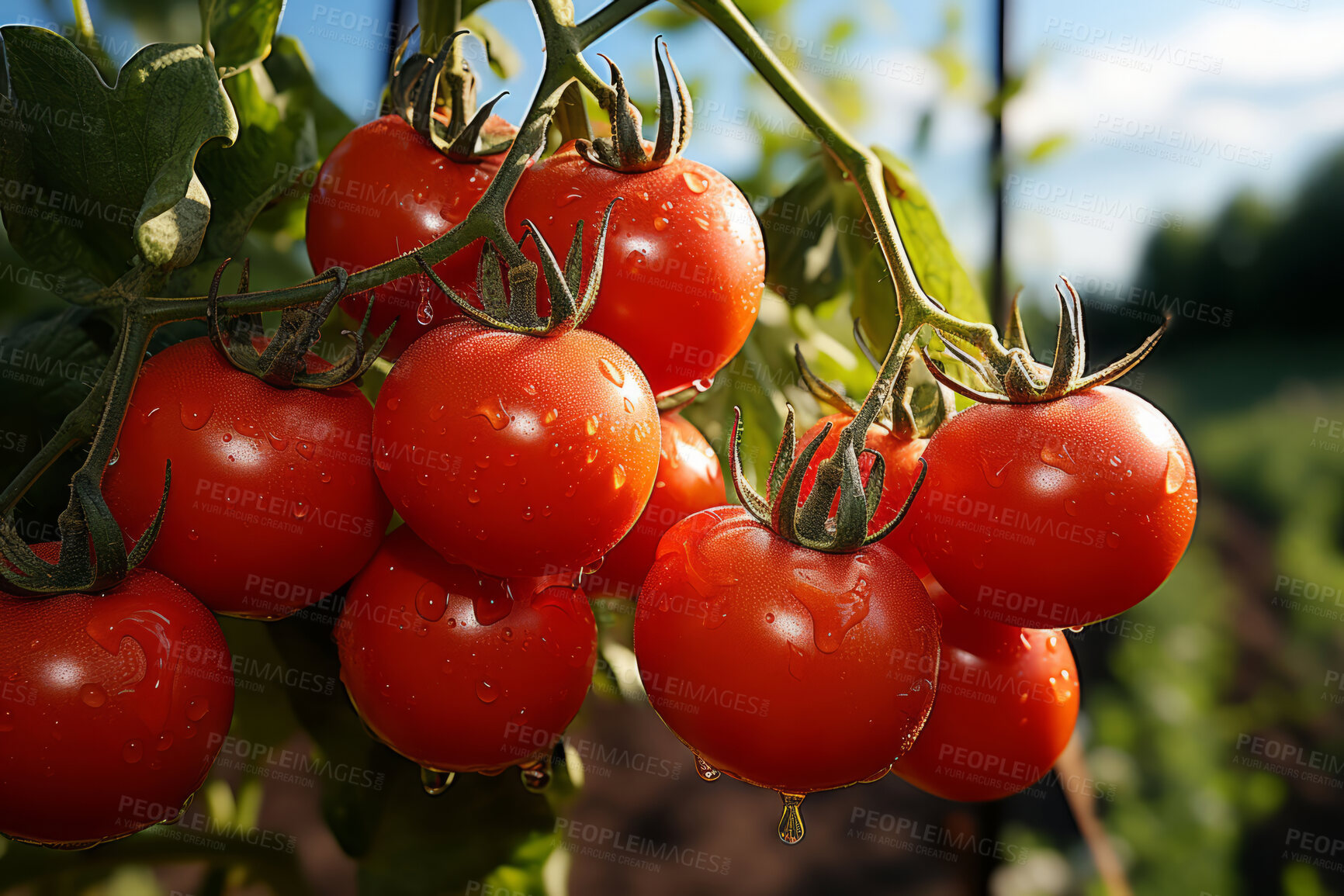 Buy stock photo Closeup, tomatoes and plant with farm background, growth and sunshine. Fruit agriculture, outdoor and summer in countryside, food and vegetables in sustainability, development or landscape industry