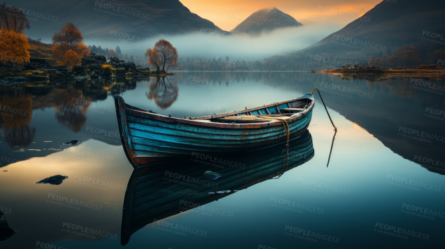 Buy stock photo Boat, transport and lake for traveling, rent and exploration on river. Kayak, fishing, and relaxing for tourism, holiday or peaceful vacation, competition and mountain peaks with water landscapes