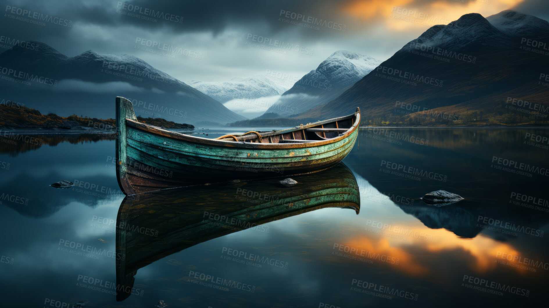 Buy stock photo Boat, transport and lake for traveling, rent and exploration on river. Kayak, fishing, and relaxing for tourism, holiday or peaceful vacation, competition and mountain peaks with water landscapes