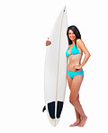 Woman, surfboard or studio in portrait with bikini, health body or fitness for summer exercise with relax wellness. Model, smile face and glow with swimming costume and fashion by white background