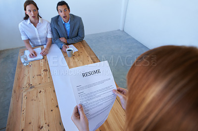 Buy stock photo Business people, recruitment and job interview with resume, surprise and conversation in a workplace. Staff, recruiter and manager with employee, paperwork and shocked with wow, documents or reaction