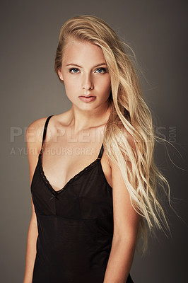 Buy stock photo Attractive, lingerie and portrait of a woman in nightwear isolated on a dark background in studio. Beautiful, sexy and a young model wearing evening clothes with confidence and sensuality on backdrop