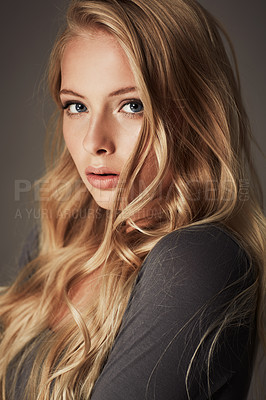 Buy stock photo Woman, portrait and haircare in studio, confidence and pride for texture, cosmetics and keratin treatment. Female person, face and beauty or luxury wellness in mockup, hair growth and dark background