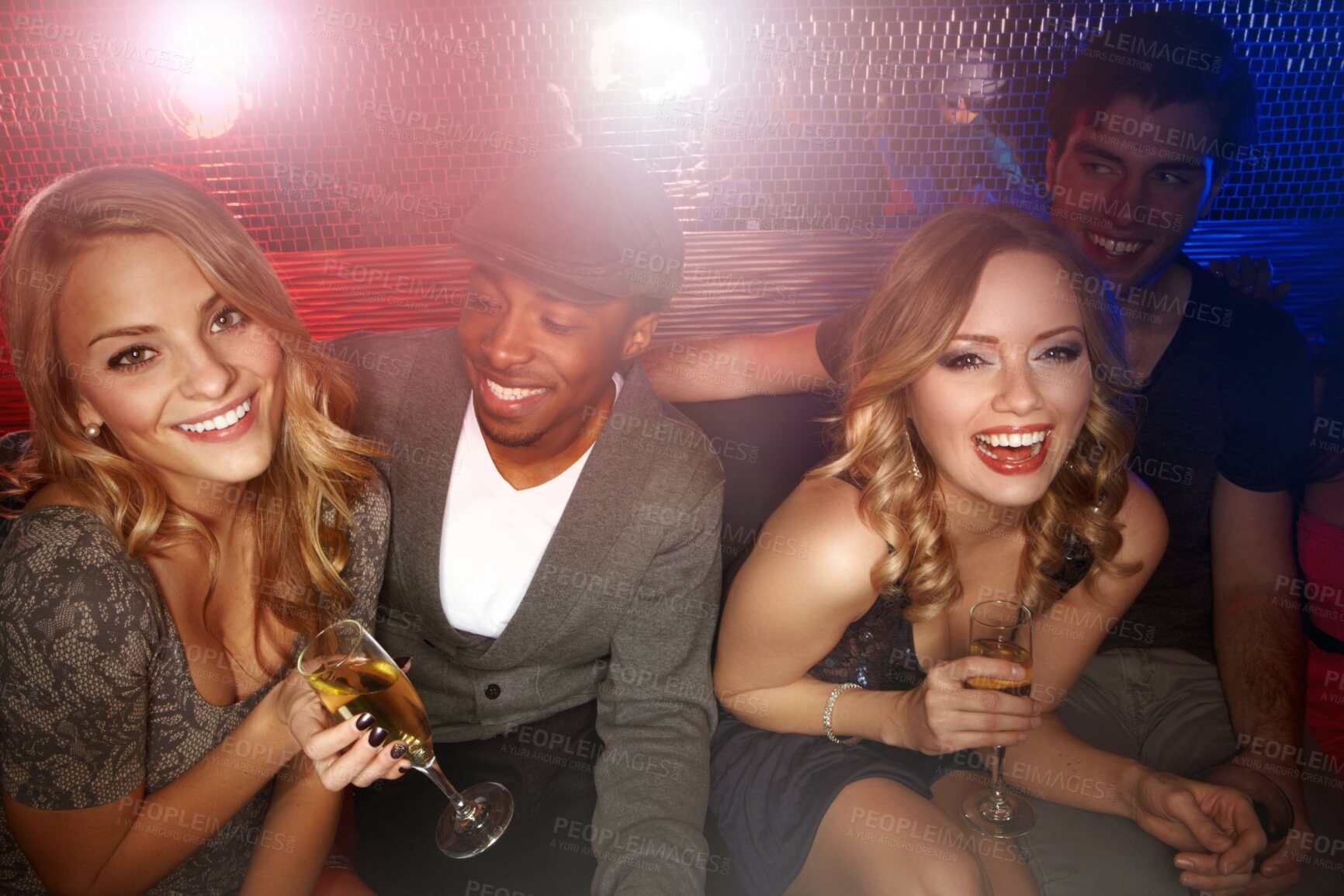 Buy stock photo Friends, new year and party in nightclub event, social and drink with happy smile, portrait and happy hour together. Men, women and happiness with celebration at night with drinks, disco and excited