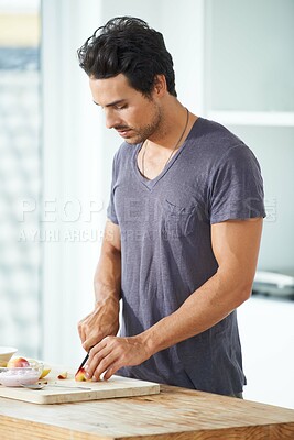Buy stock photo Man, knife and fruit cutting in morning breakfast or diet nutrition, wellness health or vitamin fiber. Male person, apple preparation and vegan meal as weight loss detox, yogurt on kitchen counter