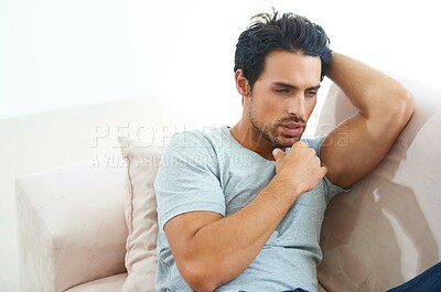 Buy stock photo Man, thinking on sofa in home as decision idea or problem solving, future wondering or day plans. Male person, couch and daydream as relax rest or brainstorming doubt as planning, questions or choice