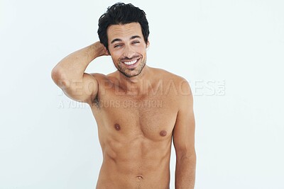 Buy stock photo Portrait, muscular and man with fitness, body and happiness against a white studio background. Face, male person and model with a smile, confident and healthy lifestyle with wellness and workout goal