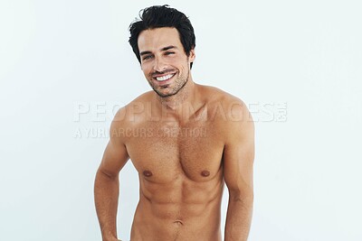Buy stock photo Portrait, fitness and man with body, muscle and abdomen against a white studio background. Male person, happy model and guy with abs, mockup and shirtless with workout goal, happiness and wellness